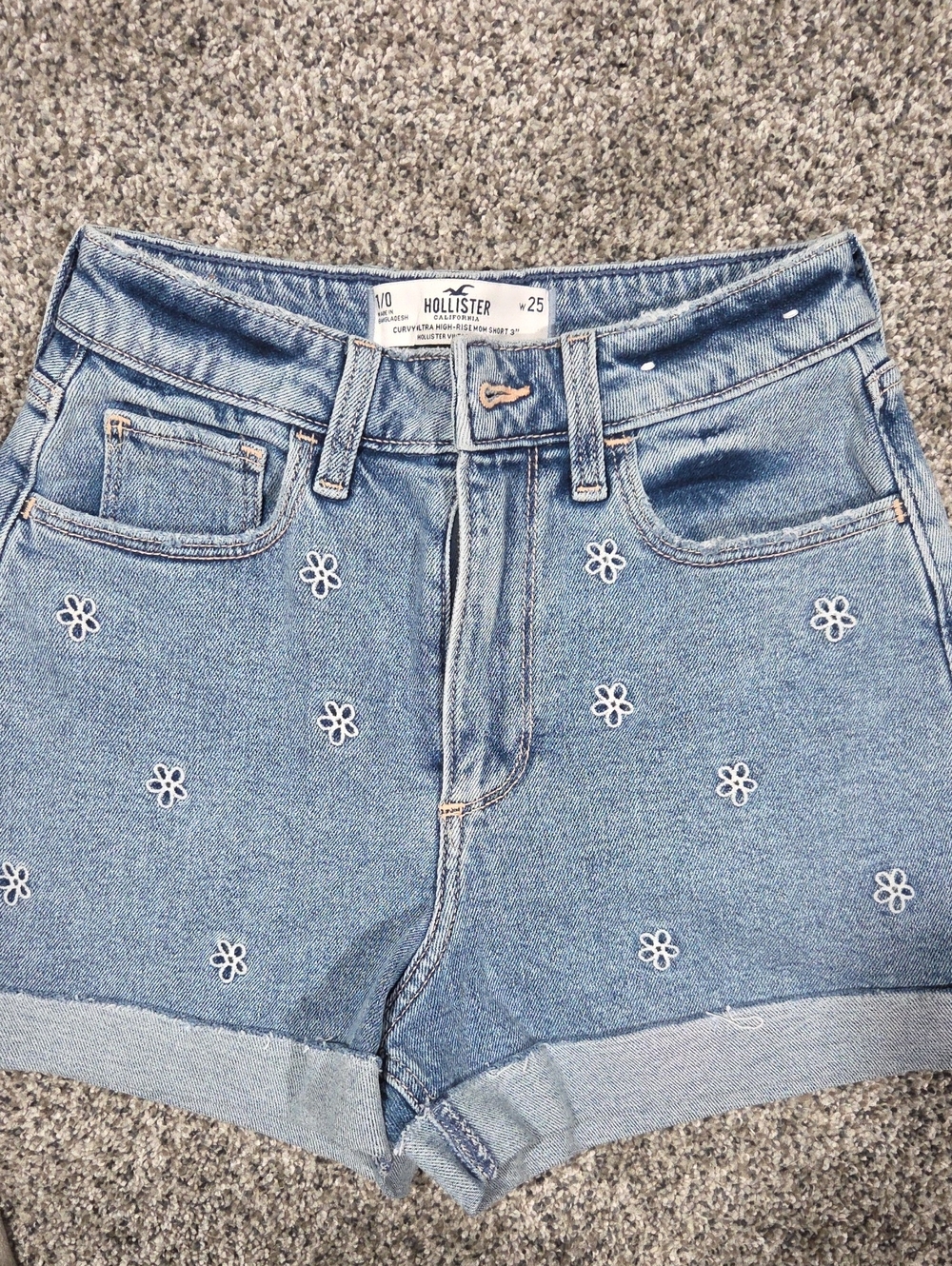 Hollister Blue Denim Shorts with White Daisy Embroidery